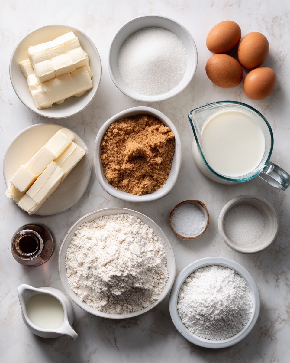The image shows a collection of baking ingredients neatly arranged on a white marbled surface. In the center bottom, a white bowl holds a pile of all-purpose flour with a slightly uneven surface. To the left, a white bowl is filled with white sugar, and above it, another white bowl contains light brown sugar with a crumbly texture. Next to the brown sugar, two white sticks of butter lay stacked horizontally. On the top right, three brown eggs rest directly on the surface, near a small white bowl of salt. A glass measuring cup filled with buttermilk is placed near the top right, close to a white bowl containing white, powdery confectioners’ sugar. Near the bottom left, a white pitcher holds milk. Two small white bowls near the center bottom contain baking powder and baking soda. A small dark brown bottle of vanilla extract lies on its side to the left of the white sugar bowl. The overall scene is bright and clean with natural lighting, and everything is arranged neatly in a balanced composition. Photo taken with an iphone --ar 4:5 --v 7