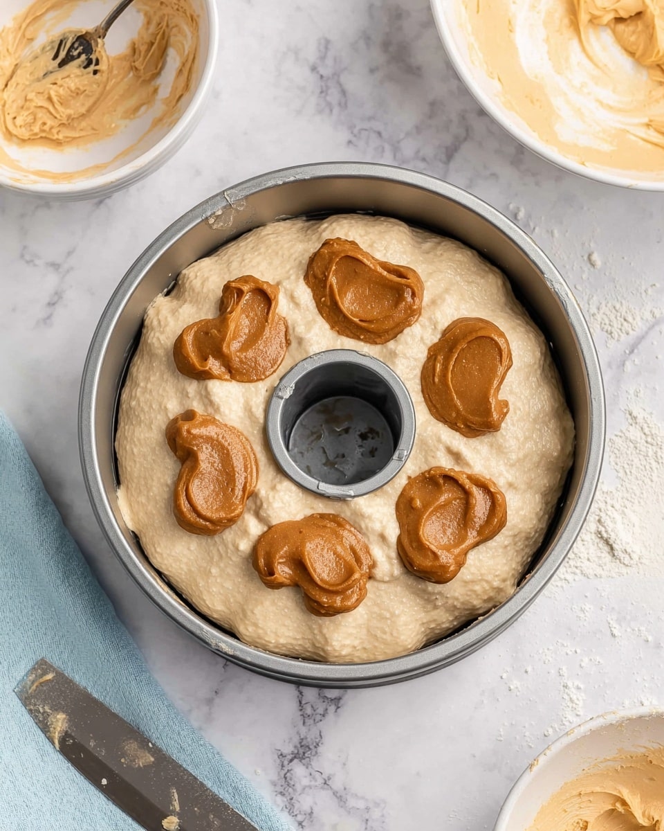 The image shows a round bundt pan filled with a thick, light beige cake batter that spreads evenly inside the pan. On top of the batter, there are seven uneven dollops of a darker brown, smooth mixture placed in a rough circle around the center hole of the pan. The pan sits on a white marbled surface with some light specks around it. Near the top left corner is a white bowl with some leftover light brown mixture and a spoon resting inside, and on the top right, there is another white bowl filled with a light beige creamy substance, likely more batter or frosting. In the bottom left corner, part of a light blue cloth and a silver knife on the marble surface are visible. Photo taken with an iphone --ar 4:5 --v 7