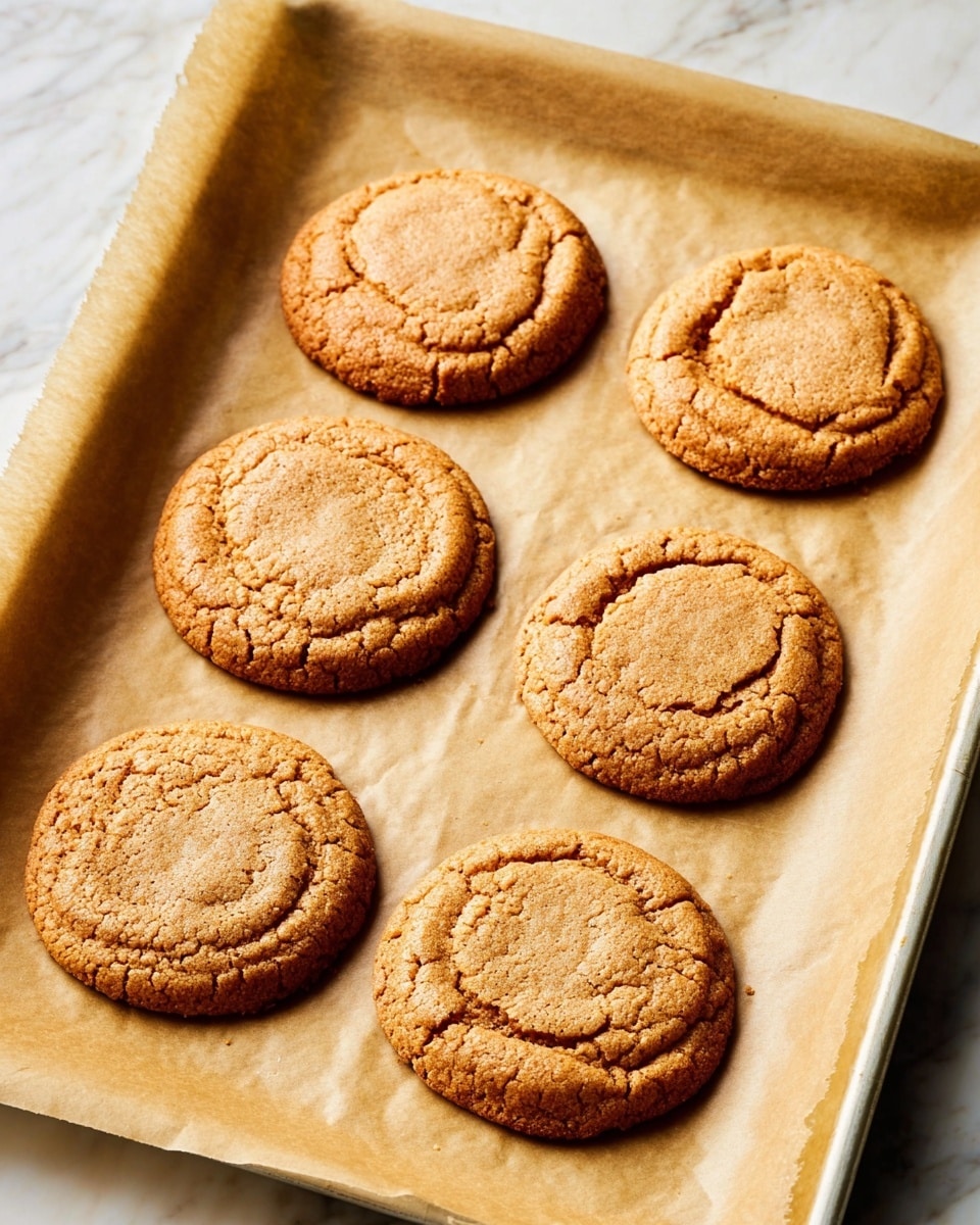 The image shows six round, golden-brown cookies with cracked surfaces on a light brown parchment paper lined baking tray. Each cookie has a slightly raised center and rough texture, indicating a soft interior. The tray rests on a white marbled surface that contrasts with the warm tones of the cookies and parchment paper. The cookies are spaced evenly in two rows, three on the left and three on the right. photo taken with an iphone --ar 4:5 --v 7