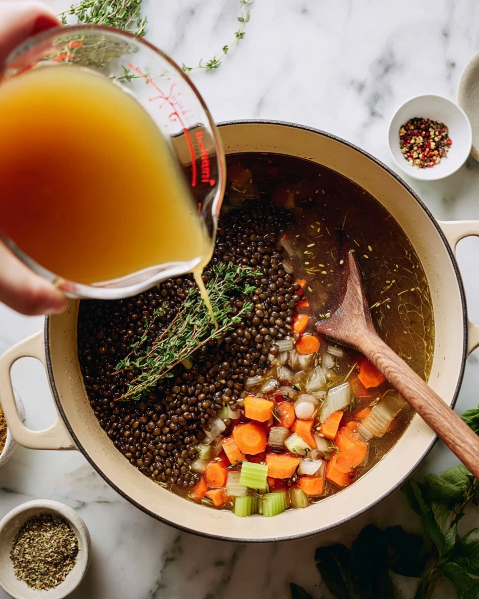 A white pot filled with a mix of diced orange carrots, light green celery, and chopped onions submerged in a dark broth forms the base layer. On top, there is a heap of dark green lentils and a small bunch of fresh green thyme sitting close to the edge. A wooden spoon rests inside the pot, partially submerged in the ingredients. A woman's hand is pouring a clear golden broth from a glass measuring cup into the pot. The scene is set on a white marbled surface, with some green herb leaves and small white bowls with spices visible around the pot. Photo taken with an iphone --ar 4:5 --v 7