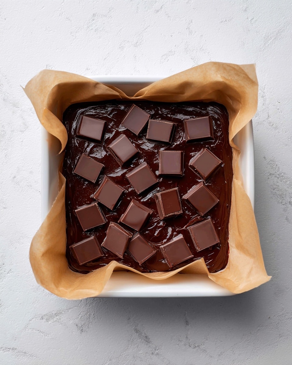 The image shows a square white baking dish lined with light brown parchment paper. Inside is a thick, dark brown chocolate batter spread evenly, filling the dish. Scattered on top are many square chocolate pieces, slightly embedded into the batter, giving a textured look. The background is a white marbled surface. photo taken with an iphone --ar 4:5 --v 7