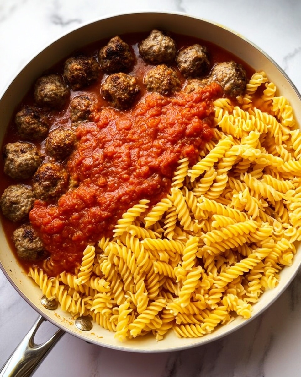 A large white pan sits on a white marbled surface, filled with different layers of food. At the bottom, there are brown meatballs arranged near the edges, some partially covered by a thick red tomato sauce piled in the upper left part of the pan. The right side and center are topped with a heap of uncooked yellow spiral pasta that contrasts with the rich red sauce and the darker brown meatballs. The pan has a shiny silver handle visible on the lower right side. photo taken with an iphone --ar 4:5 --v 7
