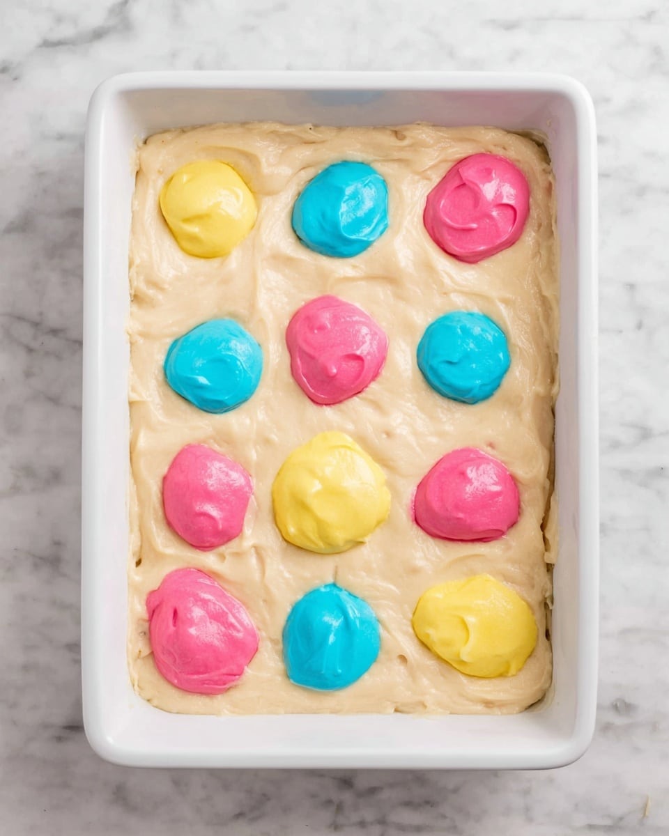 A white rectangular dish filled with a thick, light beige batter as the base layer. On top, there are multiple dollops of colorful batter in three colors: bright pink, yellow, and sky blue. These dollops are spread evenly in a loose grid pattern across the surface, each with a smooth and slightly shiny texture. The dish sits on a white marbled surface. photo taken with an iphone --ar 4:5 --v 7