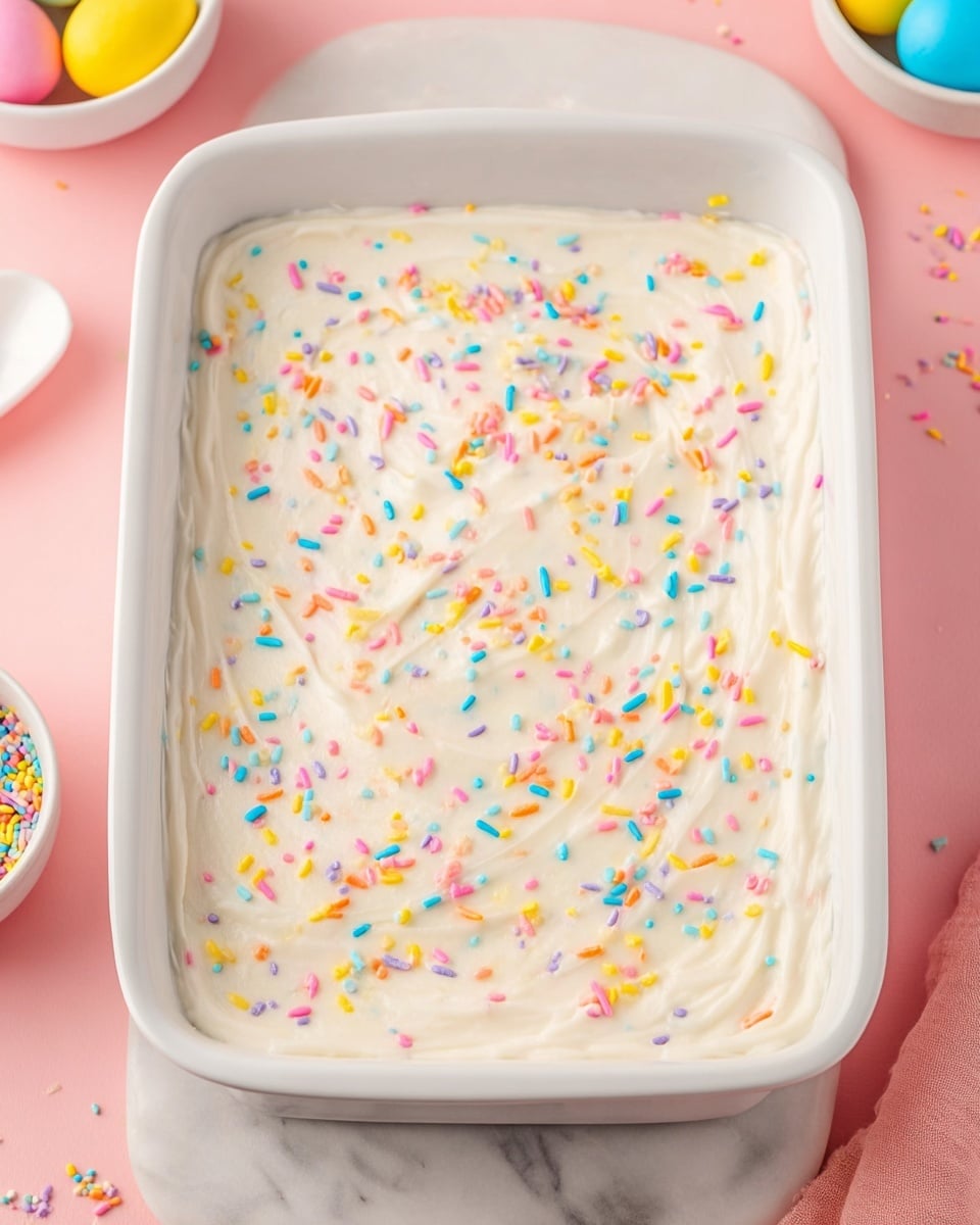 A white rectangular dish filled with a single thick layer of smooth, creamy white frosting. On top of the frosting, there are colorful small round and thin stick sprinkles scattered evenly, featuring pastel shades of yellow, pink, blue, orange, and green. The dish is placed on a flat surface with a white marbled texture, and parts of bowls with multicolored sprinkles and eggs are visible around the edges. The scene is bright and clean, with a soft pink background behind the dish. Photo taken with an iphone --ar 4:5 --v 7