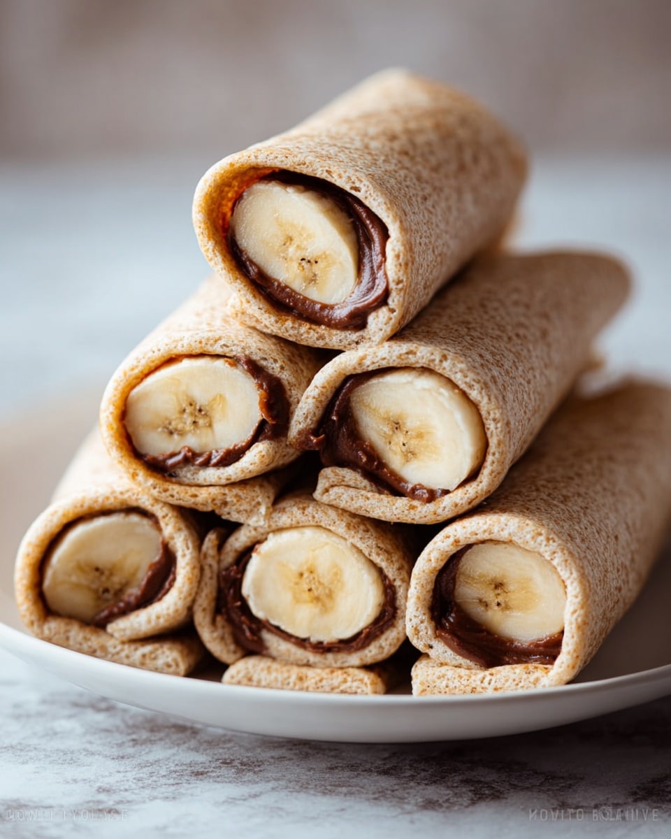 The image shows six rolled wraps stacked on a white plate on a white marbled surface. Each wrap is made from light brown whole wheat bread and is tightly rolled with a visible filling of smooth, dark brown chocolate spread and thick slices of banana, which are pale yellow and slightly soft in texture. The wraps are arranged in two layers, with three on the bottom and three stacked on top in a pyramid shape, revealing the cross-section of the banana and chocolate inside. The lighting is soft with a focused close-up on the wrapped ends, highlighting the textures of both the bread and filling. photo taken with an iphone --ar 4:5 --v 7