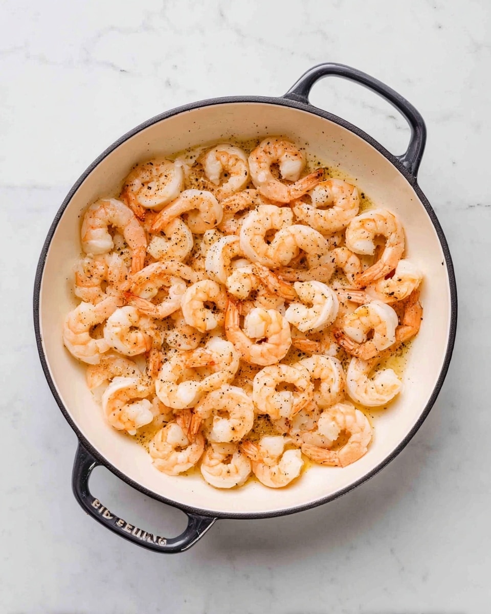 A shallow white enamel pan with black handles filled with a single layer of cooked shrimp, arranged evenly across the pan. The shrimp are light orange-pink with a slight shine, sprinkled gently with black pepper flakes. The pan sits on a white marbled surface, creating a clean and bright background. photo taken with an iphone --ar 4:5 --v 7