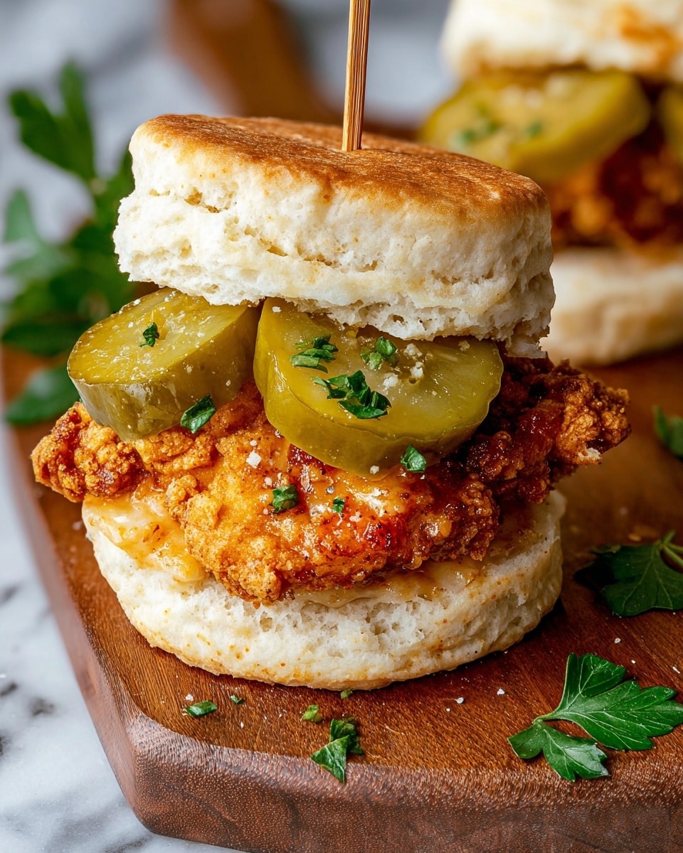 A sandwich with three layers is shown close up on a wooden board. The bottom layer is a white biscuit with a soft, fluffy texture. On top of that is a crispy, golden-brown fried piece with a crunchy texture, sprinkled with small green parsley bits. Above this, there are two green pickle slices with shiny, wavy edges. The top layer is another white biscuit, slightly browned on top, held in place by a thin wooden skewer. A few green parsley leaves and pickle slices are scattered on the wooden board beneath the sandwich, and the whole scene is set on a white marbled surface. Photo taken with an iphone --ar 4:5 --v 7