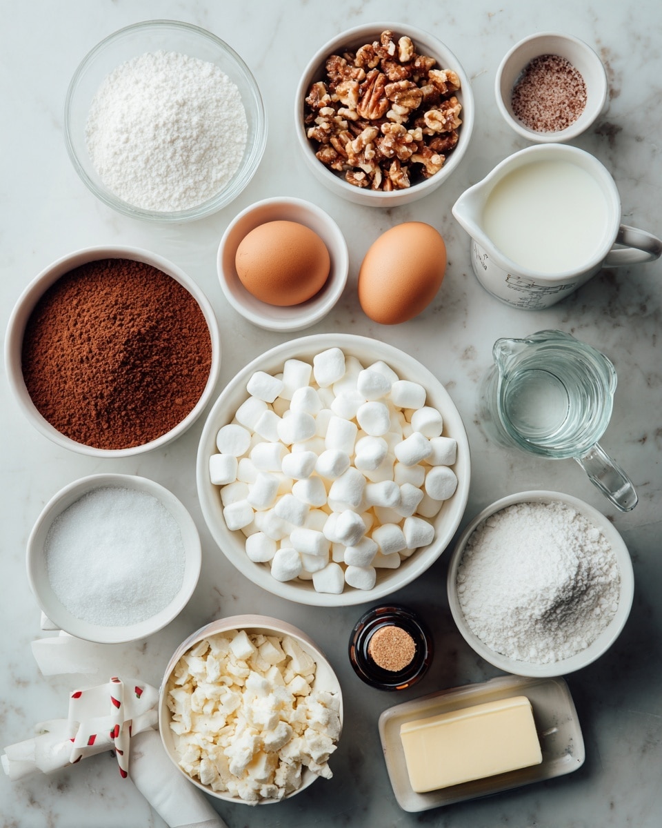 The image shows a collection of baking ingredients arranged neatly on a white marbled surface. In the center, there is a white bowl filled with small white mini marshmallows. Surrounding it are various white bowls and containers holding different ingredients: cocoa powder with a rich brown color, chopped nuts with a mix of light and dark brown shades, white granulated sugar, and fluffy white confectioners' sugar. There are also two brown eggs, a small glass jug of buttermilk, a glass measuring jug with clear water, a small white pitcher with milk, a small white dish with baking soda, a small white container of salt, and two sticks of butter wrapped in paper with yellow and red stripes. A small dark brown bottle of vanilla extract is also placed on the surface. All ingredients are cleanly presented with clear labels on each element. Photo taken with an iphone --ar 4:5 --v 7