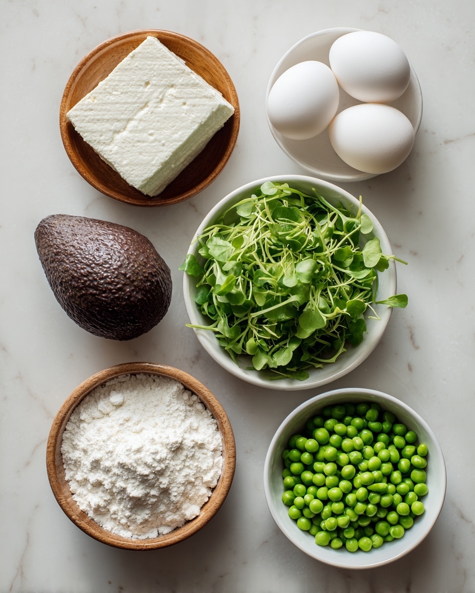 The image shows six food ingredients arranged neatly on a white marbled surface. Starting from the top right, there is a white bowl holding three smooth, white eggs. To the right of the eggs, there is a white bowl full of fresh, bright green pea shoots with thin stems and small leaves. Below the pea shoots is a white bowl containing a block of crumbly white feta cheese in two pieces. To the left, there is a whole dark brown avocado with a rough texture placed on the surface. Above the avocado is a wooden bowl filled with bright green frozen peas, some covered in frost. Finally, just left of the avocado, there is a round bowl filled with white flour that looks soft and powdery. The composition is bright and clear, showing all ingredient textures. Photo taken with an iphone --ar 4:5 --v 7