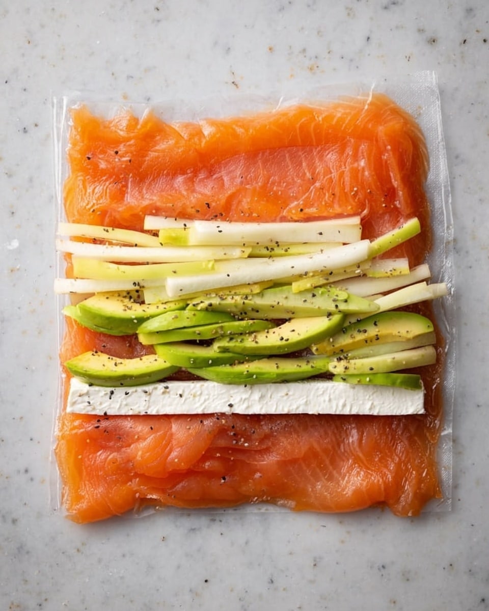 A layer of thin, bright orange smoked salmon is spread flat on clear plastic wrap over a white marbled surface. On top, there are three neat rows of fillings running horizontally from left to right: the bottom row is a thick, even strip of white cream cheese with a smooth texture; above it is a row of pale yellow apple sticks with green peel edges visible; the top row consists of light green avocado slices with soft, rounded edges. Small black sesame seeds are scattered lightly around the salmon edges. Photo taken with an iphone --ar 4:5 --v 7