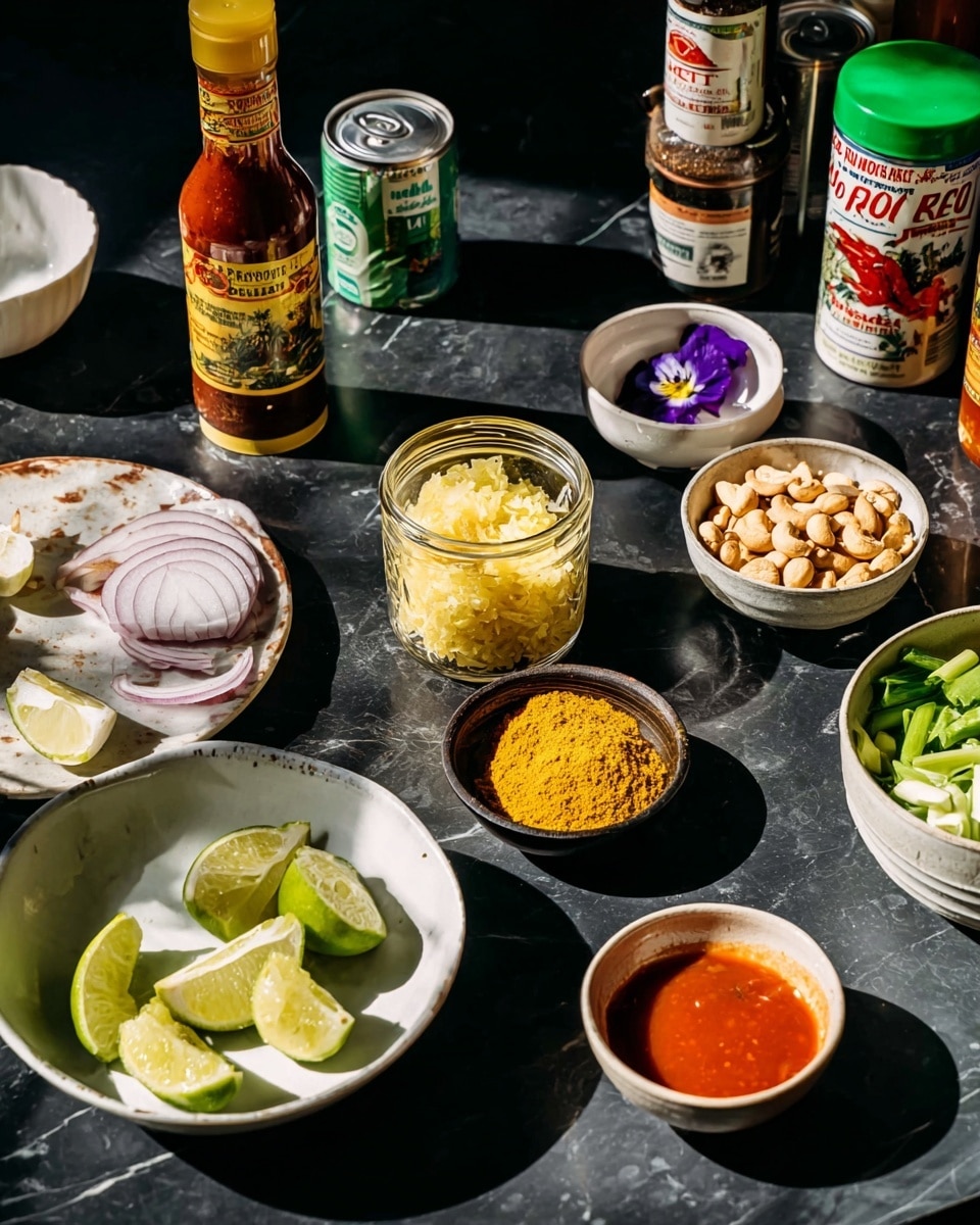 A bright collection of cooking ingredients is arranged on a dark surface, featuring a clear open jar filled with light yellow grated ginger in the center. Surrounding it are a white plate with thin white rings and reddish shallots, a small white bowl of brown cashews topped with a small purple flower, and a dark bowl filled with bright yellow powder. In the foreground, a white marbled plate holds several light green lime wedges alongside a deep green bowl with sliced green onions. A small white bowl filled with orange-red sauce sits beside the lime plate. Various bottles and cans are placed in the back, including one with green, white, and yellow labels and another with a white label displaying