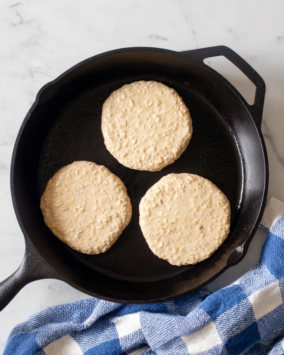 A black cast iron pan sits on a white marbled surface, holding three oatmeal pancake batter circles. Each pancake is light beige and thick with small visible oats spread unevenly in the batter. The pancakes are evenly spaced in the round pan, with one near the top right, one near the bottom right, and one near the left side. A blue and white checkered cloth is folded and placed next to the pan on the right side. photo taken with an iphone --ar 4:5 --v 7