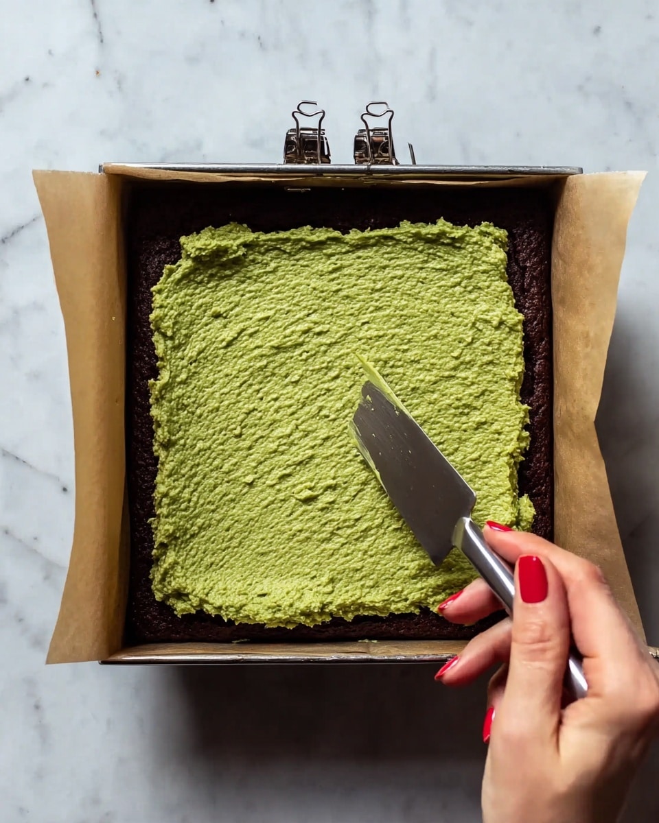 The image shows a dark brown rectangular cake inside a baking pan with parchment paper lining and clips on two sides. On top of the cake, a thick layer of textured green frosting is being spread with a metal spatula held by a woman's hand with red nail polish. The green frosting has a rough, slightly uneven surface and covers most of the cake. The background is a white marbled surface. photo taken with an iphone --ar 4:5 --v 7