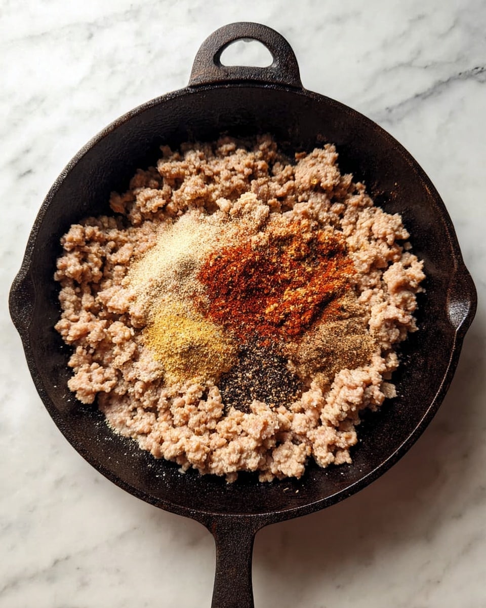 A black cast iron pan filled with cooked ground meat that is light brown in color, topped with a small pile of mixed spices in the center, including reddish, yellowish, and brown powder spices. The pan is placed on a white marbled surface, visible around the edges. The texture of the meat looks crumbly and soft. photo taken with an iphone --ar 4:5 --v 7