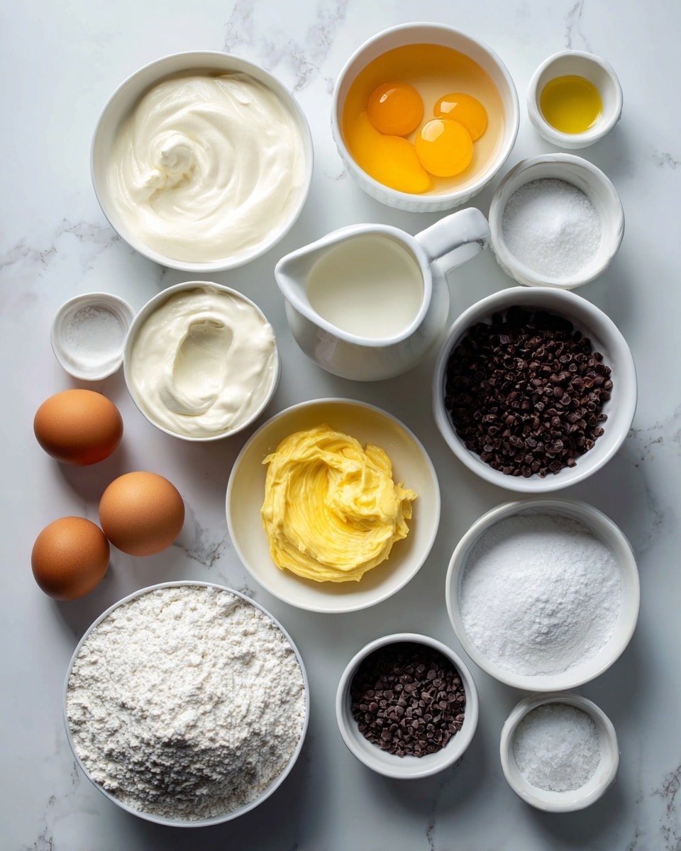 The image shows various white bowls and a jug on a white marbled surface, each holding a different baking ingredient. Starting from the top left, a white bowl has a creamy white liquid labeled