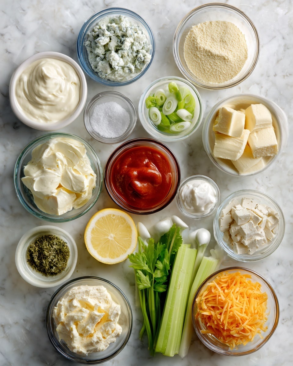 A top-down view of sixteen small white bowls and glass containers arranged neatly on a white marbled surface, each filled with different ingredients. Clockwise from the top left are smooth, thick sour cream in a white bowl; crumbly blue cheese in a white bowl; coarse, pale almond flour in a white bowl; vivid red wings sauce in a clear glass bowl; fine white baking powder in a clear glass bowl; thick, pale off-white heavy cream in a clear glass bowl; creamy cubed cream cheese in a white bowl; chopped bright green onions in a small clear glass bowl; a halved bright yellow lemon; fresh light green celery sticks; salt and pepper in two small white shakers; smooth white mayonnaise in a clear glass bowl; shredded orange cheddar cheese in a white bowl; finely chopped dark green chives in a clear glass bowl; and diced cooked chicken with a light beige color in a white bowl. Photo taken with an iphone --ar 4:5 --v 7
