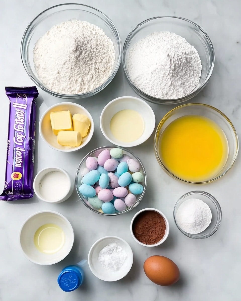 The image shows a white marbled surface with various ingredients in clear glass and white bowls arranged neatly. There are three bigger bowls at the top filled with white powdered sugar, white flour, and another white powdery ingredient. Below them are smaller white bowls holding melted yellow butter, white sugar, milk, light brown liquid, salt, and cocoa powder. In the middle, a small white bowl contains colorful pastel mini candy eggs. An egg is placed next to the bowls, and a wrapped purple chocolate bar lies on the left side. A small blue container of blue food coloring is also on the left near the candy eggs. photo taken with an iphone --ar 4:5 --v 7