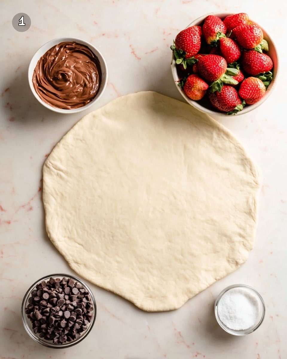 A circle of light beige dough lies flat in the middle of a white marbled surface, slightly wrinkled at the edges. At the top right is a white bowl full of fresh, bright red strawberries with green leaves. To the left of the strawberries is a small white bowl with brown chocolate spread inside. Below and to the right of the dough, a small clear bowl contains many dark brown chocolate chips, and next to that is a small white bowl with white granulated sugar. The scene is bright and clean, showing all ingredients ready for assembly. photo taken with an iphone --ar 4:5 --v 7