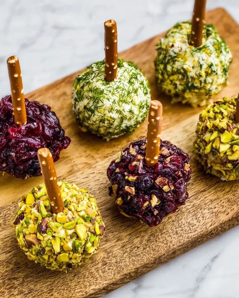 Mini Goat Cheese Balls with Pistachios, Dill, Cranberries, and Pretzel Sticks Recipe