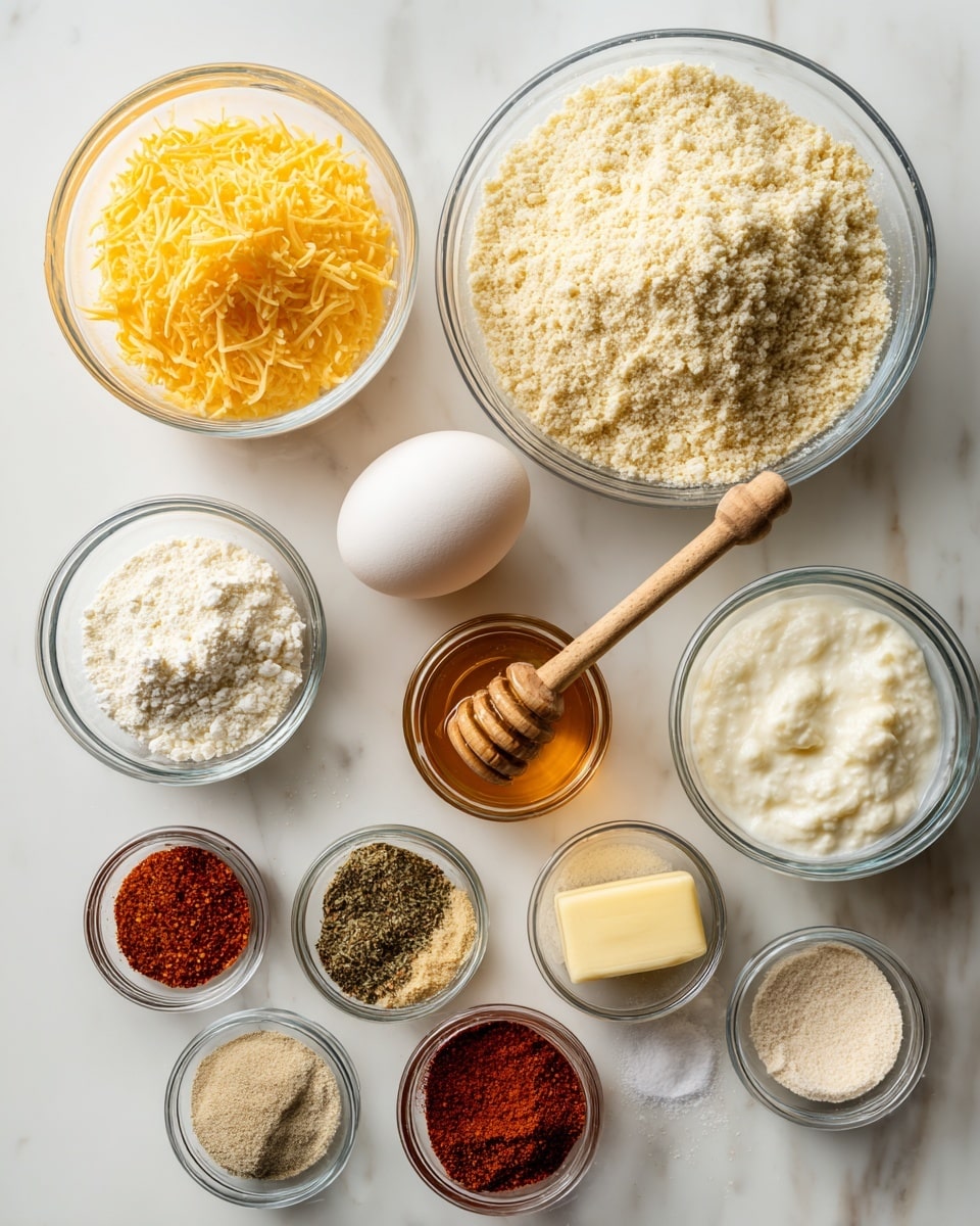 The image shows various clear glass bowls and small jars of spices arranged neatly on a white marbled surface. The largest bowl at the top contains light beige almond flour with a powdery texture. Below it to the left, a bowl holds shredded cheddar cheese in yellow and orange tones. To the right, a smaller bowl contains thick, creamy white Greek yogurt. An egg with its smooth white shell is placed near the center. A small glass jar filled with golden honey with a wooden honey dipper inside it is also visible. Next to it is a small piece of pale yellow butter. Another clear bowl contains bright white tapioca flour with a powdery look. Below these, several small jars contain spices and seasonings such as paprika, Italian seasoning, garlic powder, pepper, salt, and baking powder, each with distinct textures and colors in transparent containers showing their contents clearly. All items are on a bright white marbled surface with soft natural light highlighting their textures and colors. Photo taken with an iphone --ar 4:5 --v 7