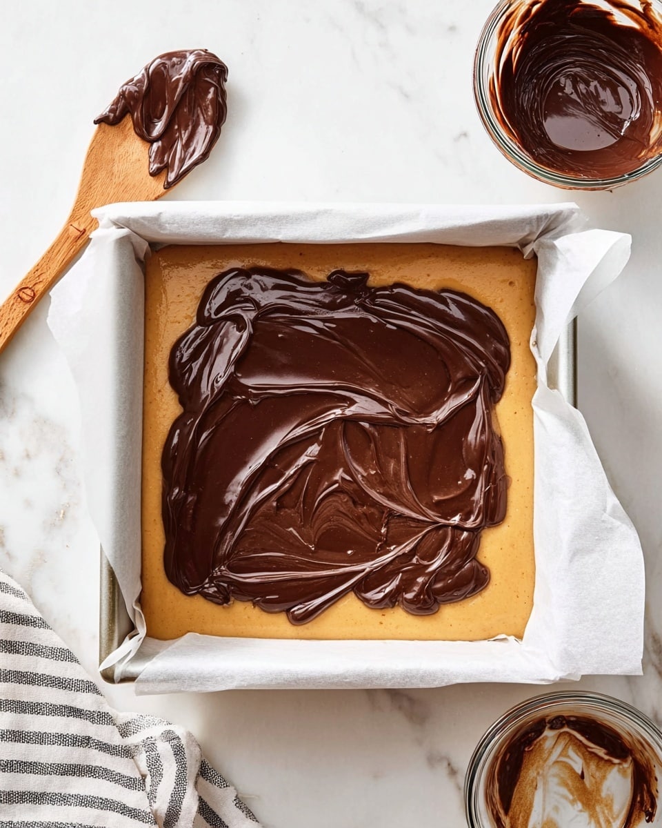 A square baking pan lined with white parchment paper holds a dessert with two layers; the bottom layer is smooth and light caramel colored, while the top layer is a glossy, dark chocolate spread unevenly in the center with visible swirling texture. A wooden spoon coated in dark chocolate rests nearby on a white marbled surface, alongside a bowl with chocolate smears inside, a clear jar, and a striped kitchen towel at the corner. photo taken with an iphone --ar 4:5 --v 7