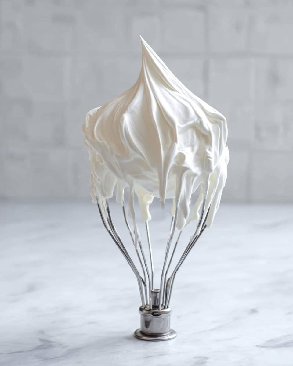 The image shows a metal whisk attachment covered in a large amount of thick, white whipped cream, shaped into a peak at the top with smooth, soft texture. The whipped cream clings to the wire loops of the whisk, with strands hanging down between them. The whisk stands on a white marbled surface, and the background is tiled in light colors with soft lighting giving the scene a clean, fresh look. photo taken with an iphone --ar 4:5 --v 7