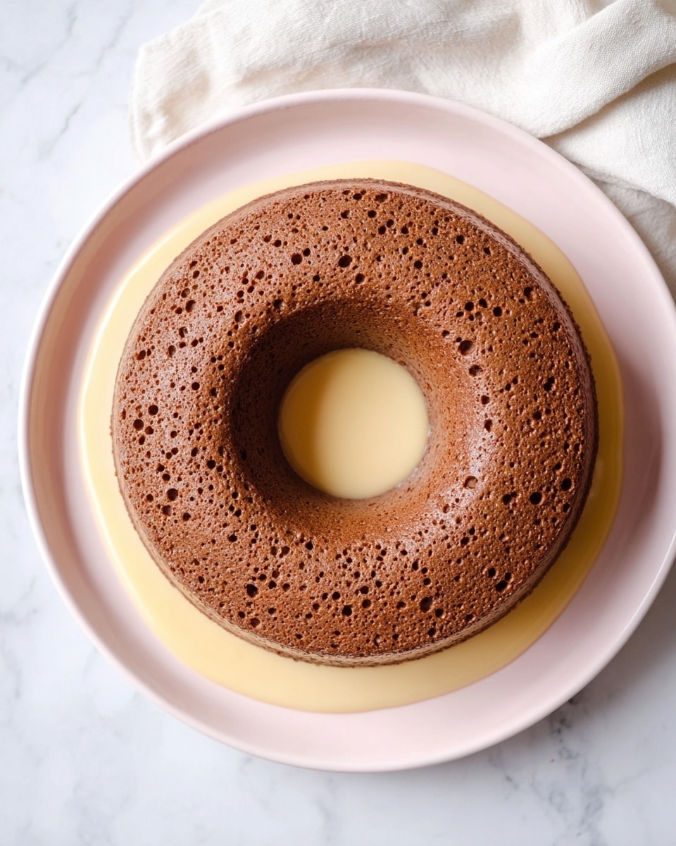 A ring-shaped chocolate cake with a light brown color and a slightly rough texture covers most of a white plate with a pink rim. The cake has many small holes evenly spread across its surface. Through the center hole of the cake, a smooth, pale yellow sauce or glaze pools on the plate beneath it. The plate sits on a white marbled surface with a soft, light-colored cloth nearby. Photo taken with an iphone --ar 4:5 --v 7
