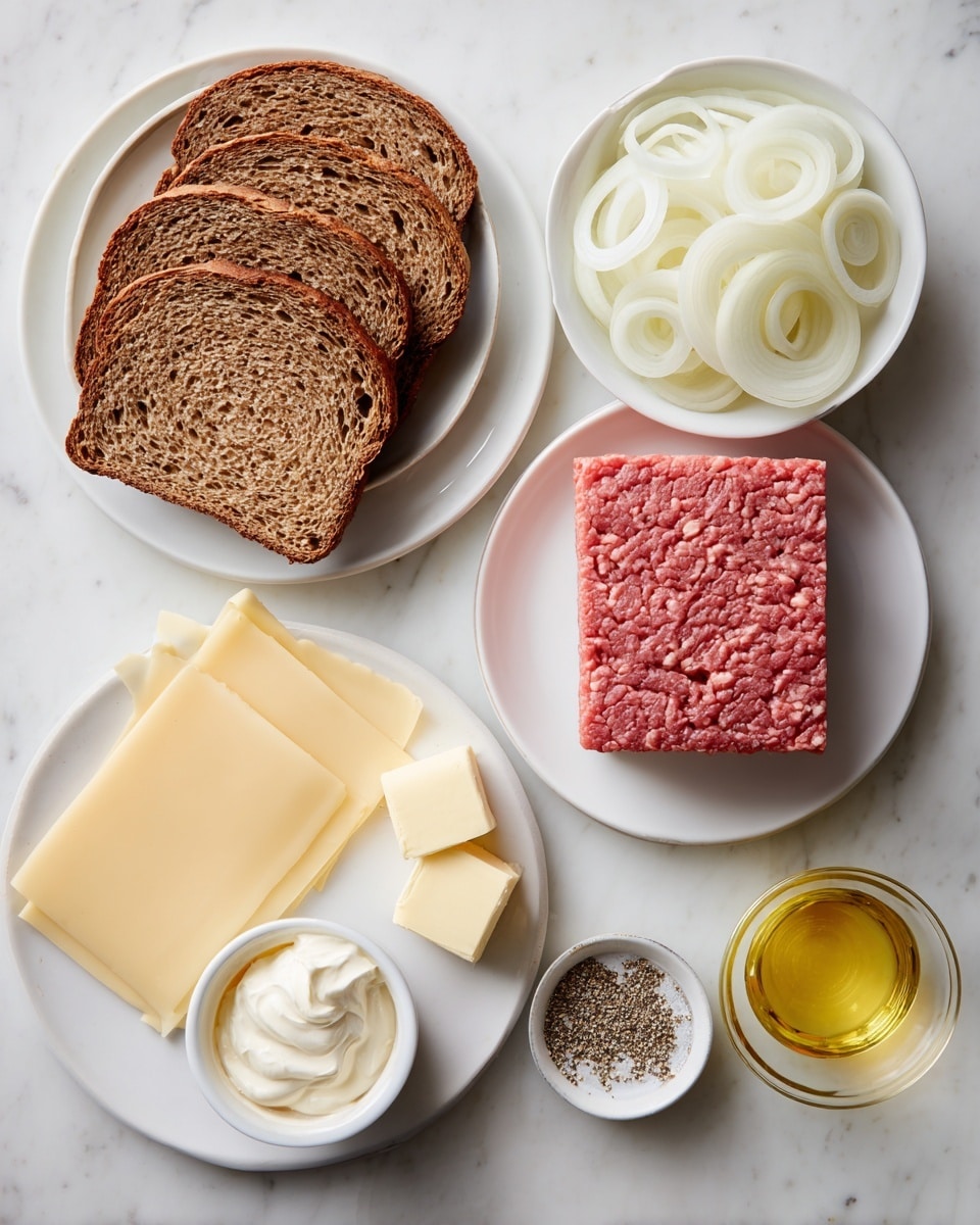 The image shows ingredients arranged separately on a white marbled surface. On the left, there is a white round plate with three slices of rye bread, darker and lighter brown swirled. Below it, two white cheese slices—provolone and emmental—are stacked unevenly. To the right, a white plate holds a rectangular block of raw ground chuck, pinkish-red with a textured surface. Above this, there is a bowl with white mayonnaise, creamy and smooth, and next to it another bowl filled with white onion rings, thinly sliced and layered loosely. Below, a small white dish contains a cube of butter and next to it a small glass container holds light yellow neutral oil. To the right, a tiny white dish holds black and white pepper spices, finely ground. All items are well spaced on the white marbled background. Photo taken with an iphone --ar 4:5 --v 7