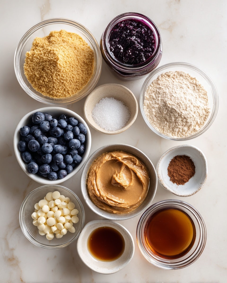 The image shows a top-down view of eleven clear and white bowls arranged neatly on a white marbled surface, each containing different recipe ingredients. From top left to bottom right, the first bowl contains golden brown ground flaxseed, next to it is a glass jar filled with dark purple blueberry jam, followed by a bowl of light beige oat flour. Below these, a small bowl holds pale protein powder with a soft powdery texture, next to a larger bowl filled with creamy, brown almond butter. Beside it is a small silver bowl filled with fresh, deep blue blueberries. Below these are small containers holding shiny dark amber maple syrup, white coarse salt, and a shallow glass bowl with smooth, round white chocolate chips. Finally, a small white bowl contains shiny solid coconut oil, and beside it, a glass cup holds dark brown vanilla extract. The image has bright lighting and clear detail, photo taken with an iphone --ar 4:5 --v 7