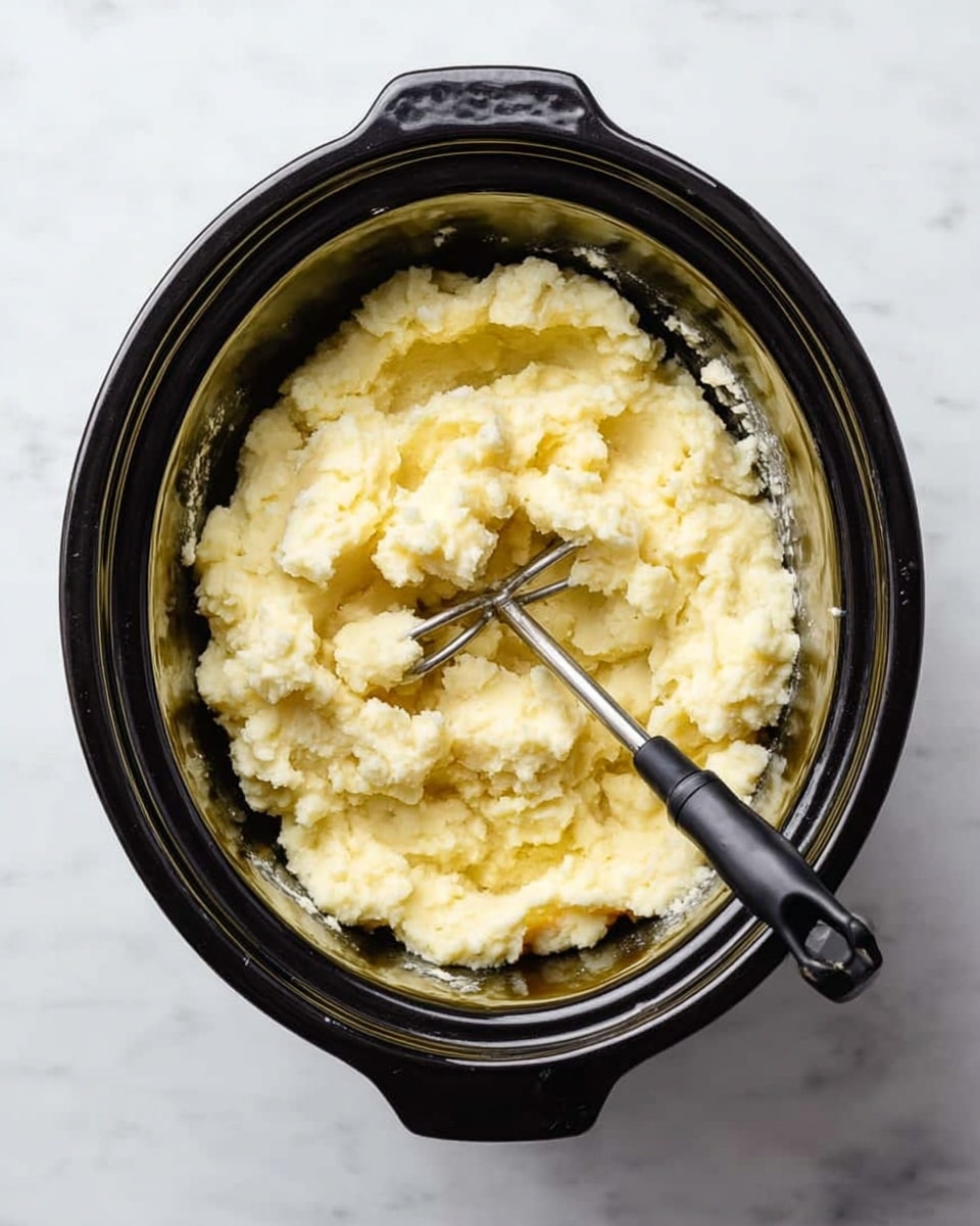 A black slow cooker is filled with pale creamy mashed potatoes that have a slightly chunky texture. Inside the cooker, a metal potato masher with a black handle is pressed down into the mash, creating soft, uneven peaks and valleys. The slow cooker sits on a white marbled surface that adds a clean and light background to the scene. The overall look is warm and homely, with the soft pale yellow of the potatoes contrasting against the shiny black cooker. photo taken with an iphone --ar 4:5 --v 7
