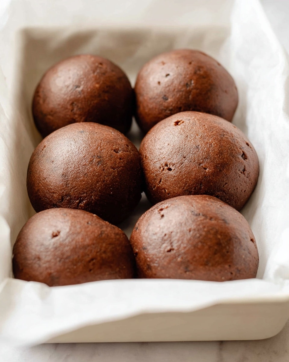 The image shows six round chocolate dough balls with a smooth, slightly shiny surface and a dark brown color. They are placed closely together inside a white rectangular container lined with white parchment paper. The dough balls have a soft, slightly textured look with a few small indentations. The container sits on a white marbled surface that provides a clean and bright background. Photo taken with an iphone --ar 4:5 --v 7