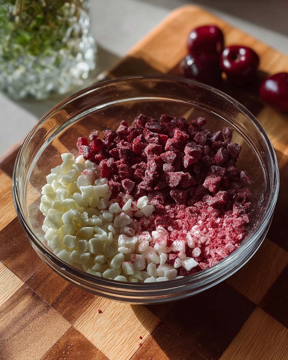 A clear glass bowl contains two layers of small chip-like pieces side by side, with white pieces on the right and deep red pieces on the left, some of which are dusted with a red powder. The bowl sits on a wooden board with a chessboard pattern, and in the background is a glass with green leaves and a white marbled surface. A few cherries with dark red color are also visible near the upper edge of the image. Photo taken with an iphone --ar 4:5 --v 7