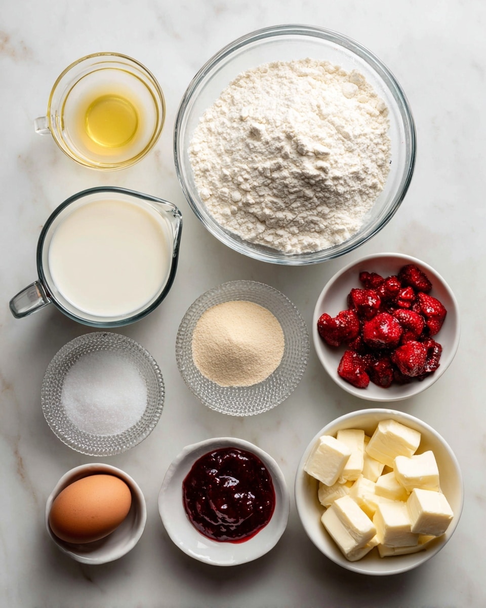 The image shows nine small white bowls and glass containers arranged on a white marbled surface, each filled with different baking ingredients. At the top center is a large clear glass bowl filled with white bread flour. Below and to the left, a glass measuring cup holds creamy white milk, and below it another glass measuring cup contains light yellow oil. To the right of the milk, two brown eggs sit side by side in a small clear textured glass bowl. Above them and to the right is a small white bowl with beige yeast powder. Below the eggs are three more small white bowls, each filled with fine white salt, granulated white sugar, and dark red jam respectively. The bottom right features a small white bowl of dried strawberries that are red with some natural spots of pink. On the upper right is a small white bowl with pale yellow chunks of butter. The clean arrangement and labels next to each item clearly show all ingredients on the white marbled surface. photo taken with an iphone --ar 4:5 --v 7
