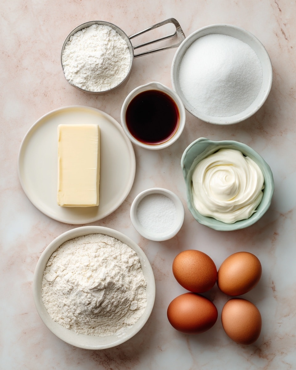 The image shows ingredients for baking arranged neatly on a white marbled surface. At the top left, there is a small metal measuring spoon filled with white baking powder. To its right, a white bowl holds white granulated sugar. Below the baking powder, a small white cup contains dark vanilla extract. Under this cup, a white plate holds a rectangular block of butter. Near the butter, a small metal measuring spoon has white salt. To the left bottom, a white bowl is filled with white flour. At the bottom right, there are four brown eggs grouped together. Above the eggs, a small white cup contains white sour cream. All ingredients are spaced out evenly with clear labels, and the background is light with a soft pinkish hue. Photo taken with an iphone --ar 4:5 --v 7