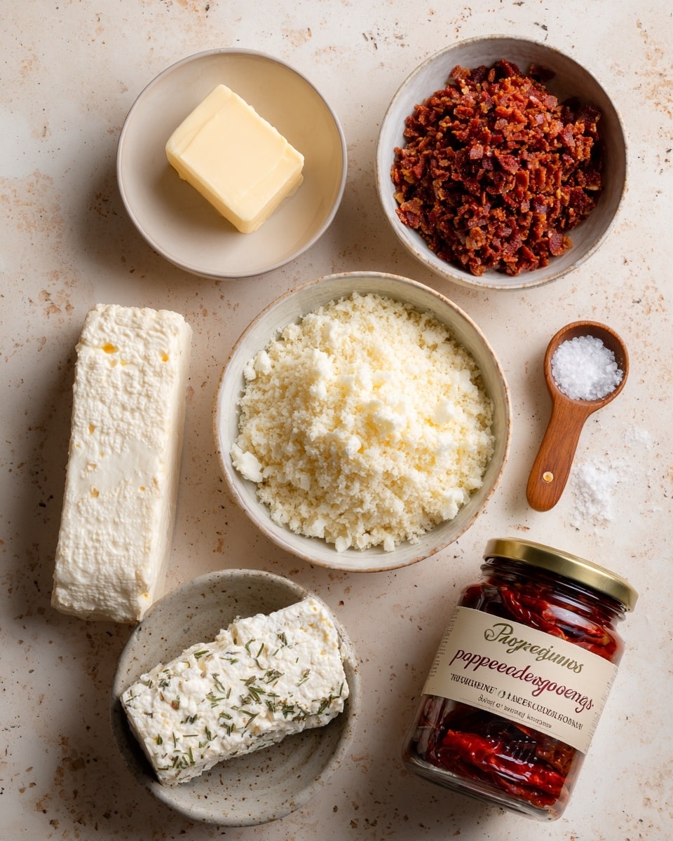 The image shows six small white bowls and a jar arranged on a white marbled surface. The top left bowl holds a square piece of yellow butter. To its right is another small bowl with crumbled bacon in reddish-brown tones. Below the butter is a bowl filled with light beige panko crumbs that have a coarse texture. Below the panko is a bowl containing a smooth white block of cream cheese. Slightly lower and to the right is a small wooden spoon filled with white salt. To the right of the salt is a bowl with a log of white goat cheese with green herb specks. A glass jar of bright red peppadew peppers with a black lid sits on its side near the center right. The background is softly lit, showing details in the textures of all ingredients and containers. Photo taken with an iphone --ar 4:5 --v 7