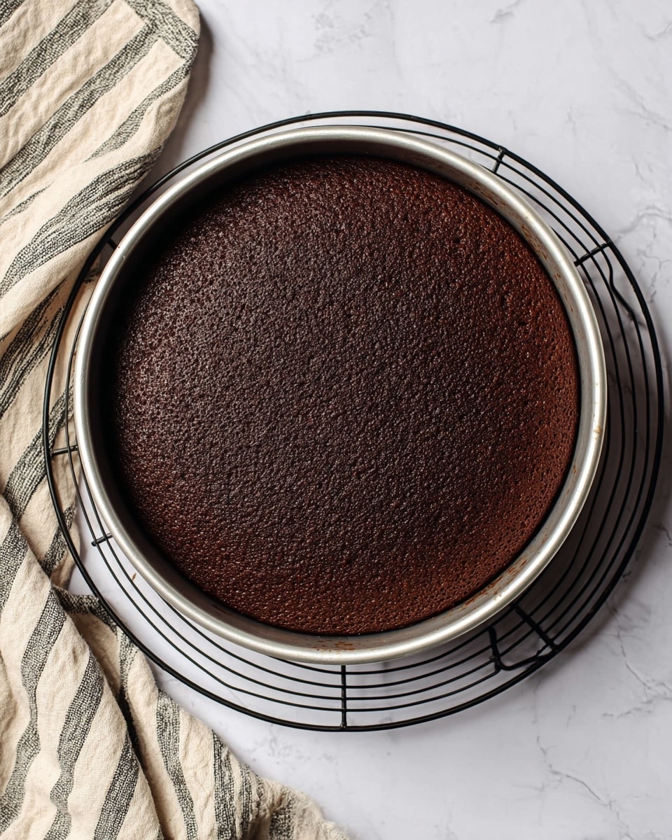 A single-layer dark chocolate cake sits inside a round silver baking pan placed on a black metal cooling rack. The cake’s surface looks moist and slightly textured with small, even holes. The edges of the cake touch the pan, showing a consistent rise. The background is a white marbled texture with a beige and black striped cloth in the upper left corner. photo taken with an iphone --ar 4:5 --v 7