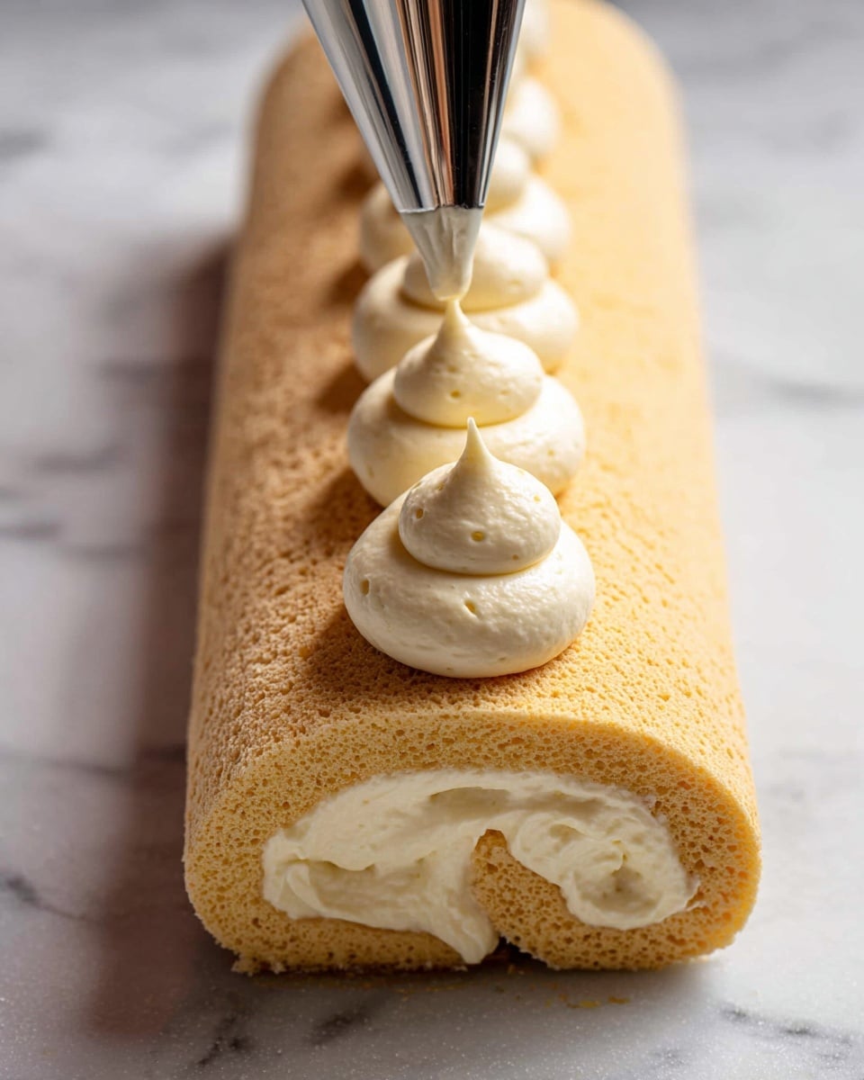A rolled light brown sponge cake lies flat on a white marbled surface, with a piping bag squeezing dollops of pale beige cream in several thick, round dollops on top. Each dollop is smooth and has a small peak at the center, arranged close together in a small pile near one edge of the roll. The texture of the sponge is fluffy but slightly firm, showing tiny pores, while the cream looks soft and rich. The scene focuses closely on the topping process. Photo taken with an iphone --ar 4:5 --v 7