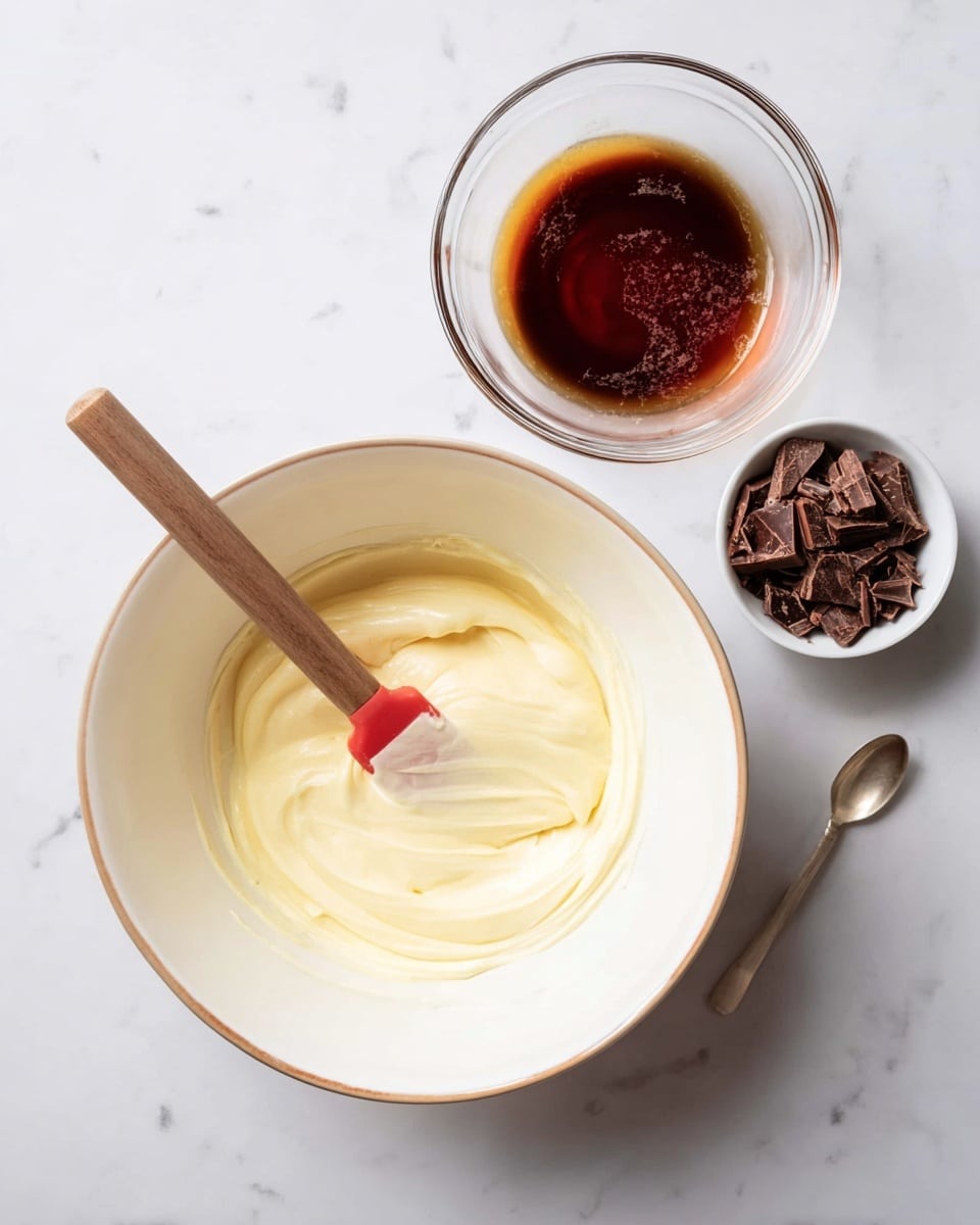 The image shows three containers on a white marbled surface: a large white bowl with a beige rim filled with a smooth, pale yellow creamy mixture with a pink and wooden spatula resting inside, a clear rectangular glass dish containing a dark brown liquid, and a small white bowl holding broken pieces of chocolate candy with a silver spoon. Photo taken with an iphone --ar 4:5 --v 7