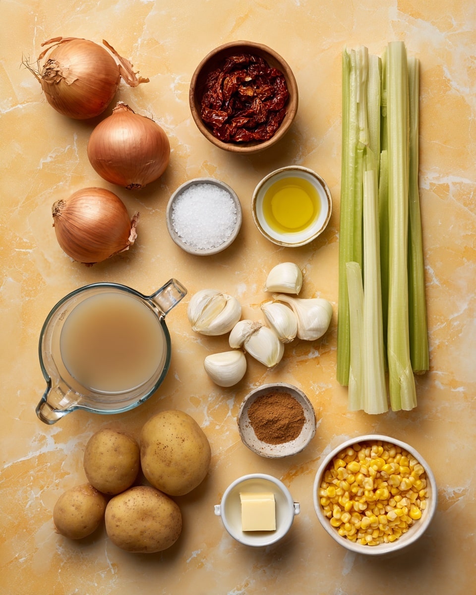 The image shows ingredients placed neatly on a bright yellow background with a white marbled texture. There are two whole brown onions near the top left, two light green celery stalks diagonally laid below them, and two light brown potatoes near the bottom left. Several small white bowls hold white salt, red sun-dried tomatoes, black pepper, and light brown nutmeg powder, each spaced around the center. A clear glass measuring cup with golden vegetable broth sits near the center right, surrounded by a white bowl of yellow corn, a white bowl of heavy cream, a small white bowl with a square piece of butter, and four peeled garlic cloves scattered near the bottom. Black text labels each ingredient clearly on the yellow background. photo taken with an iphone --ar 4:5 --v 7