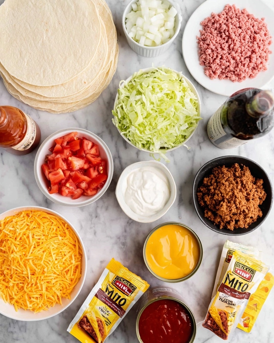 The image shows several white bowls and plates with taco ingredients arranged on a white marbled surface. In the top left, there is a stack of soft flour tortillas with a light golden pattern. Next to it on the right, there is a white plate with raw ground meat that is a pinkish-red color. Below the tortillas, a white bowl is filled with shredded bright yellow cheddar cheese. To the right of the cheese, a white bowl holds finely chopped white onions. Below the onions, a small white bowl contains thick white sour cream. Next to the sour cream on the right, a white bowl has shredded green lettuce. Below the sour cream and lettuce, a white bowl is filled with diced red tomatoes. Around these bowls, there are two yellow taco seasoning mix packets, a bottle of hot sauce with a black cap, a can of orange creamy cheese, and a can with red salsa. All items are arranged neatly on the white marbled surface. photo taken with an iphone --ar 4:5 --v 7