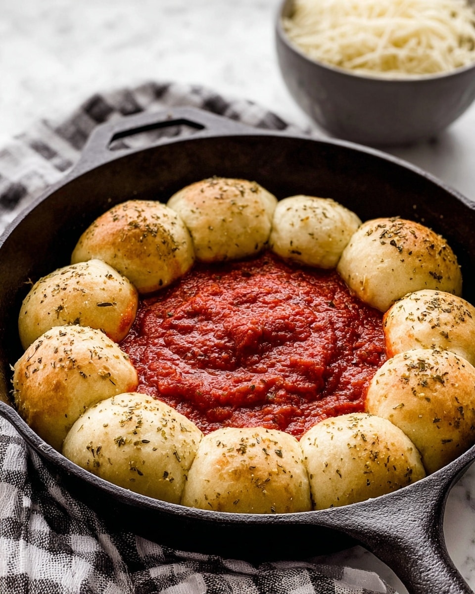 A round black pan holds a ring of eight soft, golden dough balls sprinkled with herbs, arranged closely touching each other forming a circle. Inside the circle, there is a thick, chunky bright red tomato sauce with visible textures and slight shine. The pan rests on a gray and white checkered cloth, all set on a white marbled surface. In the blurred background, a white bowl filled with a white textured food is partially visible. photo taken with an iphone --ar 4:5 --v 7