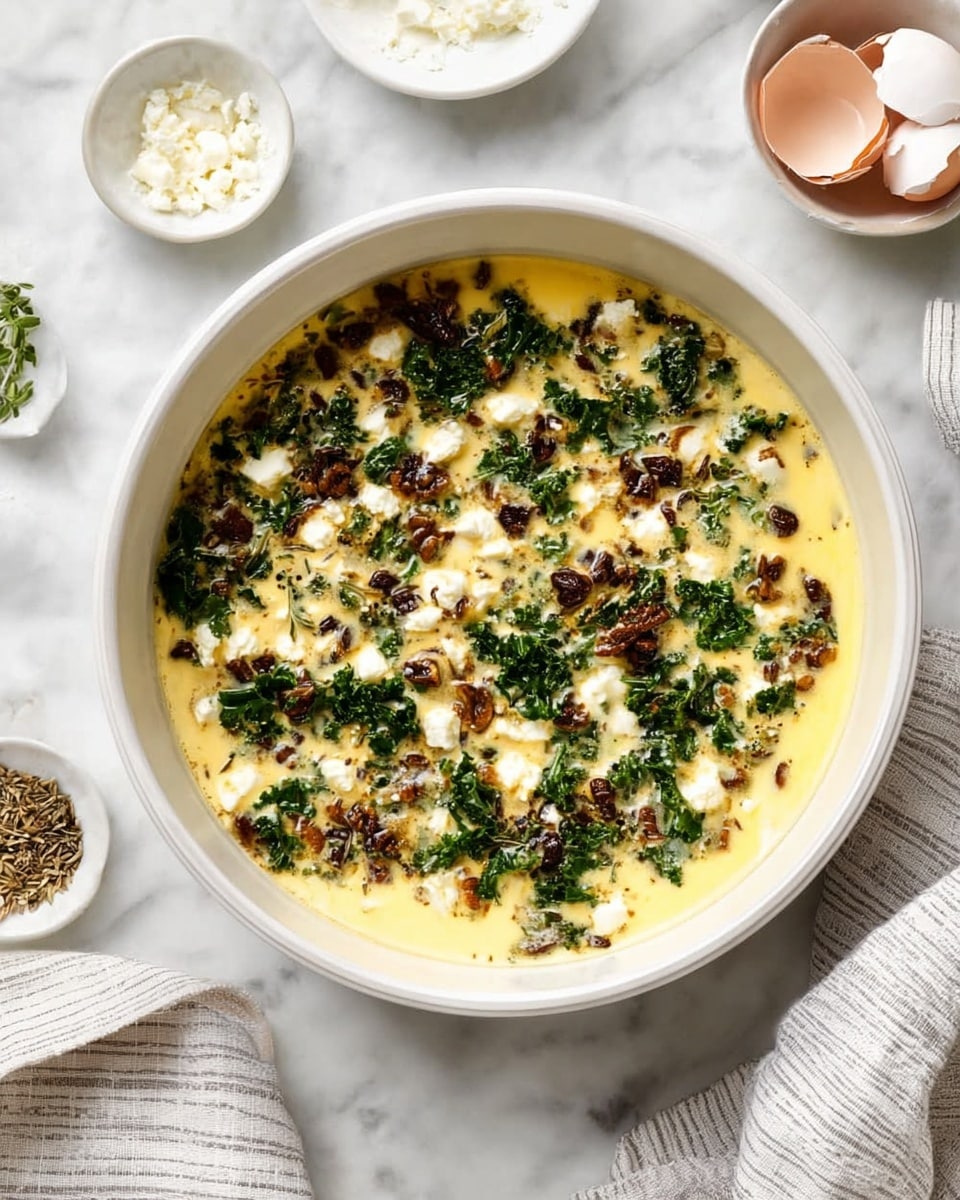 A round white pan filled with a creamy yellow egg mixture that has dark green leafy kale and small white soft cheese pieces scattered evenly on top. Dark brown sun-dried tomato pieces are spread throughout the mixture, adding rich color contrast. The pan sits on a white marbled surface with a white cloth with thin black stripes to the right side. Around the pan, there are small white bowls holding seasoning, white creamy cheese, and broken eggshells. Photo taken with an iphone --ar 4:5 --v 7