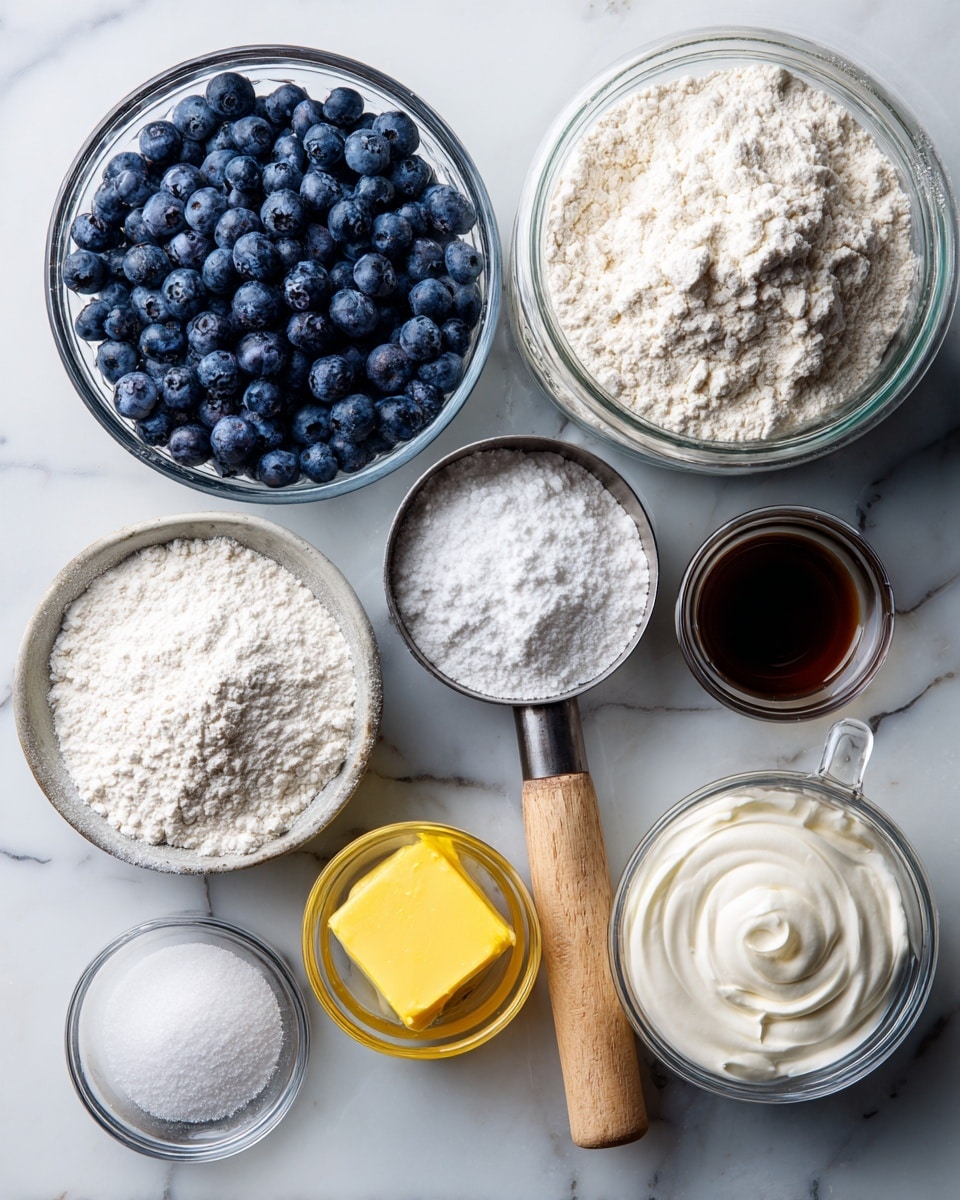 The image shows several clear glass bowls and a glass measuring cup arranged on a white marbled surface. In the center, there is a bowl full of plump, dark blue blueberries with a smooth texture. Surrounding it are smaller bowls and containers holding various baking ingredients: a bright yellow melted butter, white granulated sugar, fine white powdered sugar with a wooden-handled measuring scoop, white all-purpose flour in a glass jar, white baking powder, coarse white salt, and a creamy white buttermilk in a glass measuring cup. A small glass bowl with dark vanilla extract and another with light lemon juice complete the setup. The scene is simple and clean, with clear labels over each ingredient. photo taken with an iphone --ar 4:5 --v 7