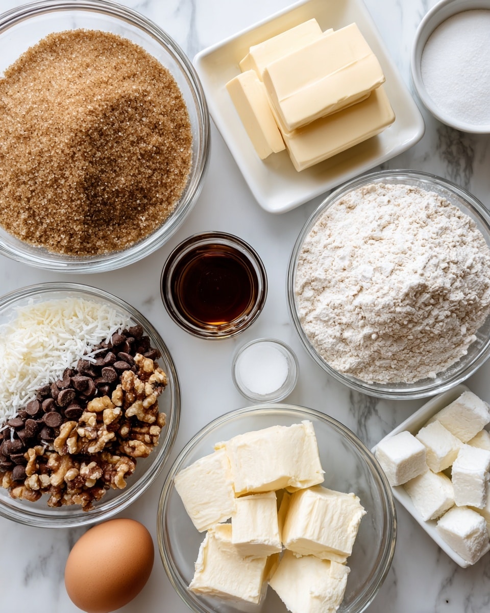 The image shows several clear glass bowls and a white square dish arranged on a white marbled surface. One bowl contains a mix of granulated and light brown sugars side by side, creating a two-tone effect with a rough texture. Another large bowl shows layers of chocolate chips, shredded coconut, chopped walnuts, and oats, each layer distinguishable by its different colors and textures—dark chocolate bits, white shredded coconut, light brown walnuts, and pale oat flakes. A third bowl holds white flour mixed with brownish spices like cinnamon, nutmeg, and ginger, visibly layered in the bowl's center. A small clear bowl holds two rectangular blocks of pale yellow unsalted butter. A small glass cup shows a dark brown liquid of vanilla extract. A single brown egg lies on the surface near the center. Another clear bowl is filled with pure white powdered sugar, finely textured. A white square dish contains white cream cheese blocks along with pale yellow butter chunks. The overall setting is bright and clean, emphasizing the ingredients with soft natural light. Photo taken with an iphone --ar 4:5 --v 7