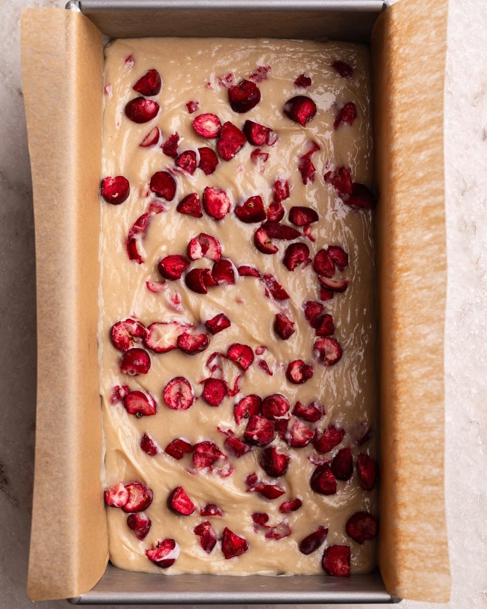 A close-up of a rectangular metal baking pan lined with light brown parchment paper, filled with a thick light beige batter. The batter is spread evenly in one layer and topped with uneven small pieces of fresh red cranberries scattered across the surface. The background is a white marbled texture. photo taken with an iphone --ar 4:5 --v 7