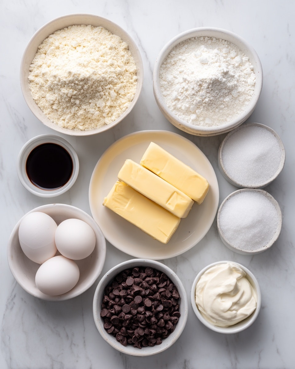 The image shows several small white bowls and three white eggs arranged on a white marbled surface. Starting from the top left, there is a white bowl filled with pale, powdery gluten-free flour. To its right, two small white bowls hold fine salt and white baking powder. Below them is a white plate with three rectangular blocks of yellow vegan butter. In the center bottom, a white bowl contains fine white sugar. To the left of the sugar bowl is a small white bowl with dark brown vanilla extract. Three whole white eggs are placed just below the vanilla bowl. At the bottom right, a white bowl is filled with dark brown mini chocolate chips. Next to the sugar bowl is a small white bowl filled with smooth, white dairy-free sour cream. Everything is arranged neatly and viewed from above. Photo taken with an iphone --ar 4:5 --v 7