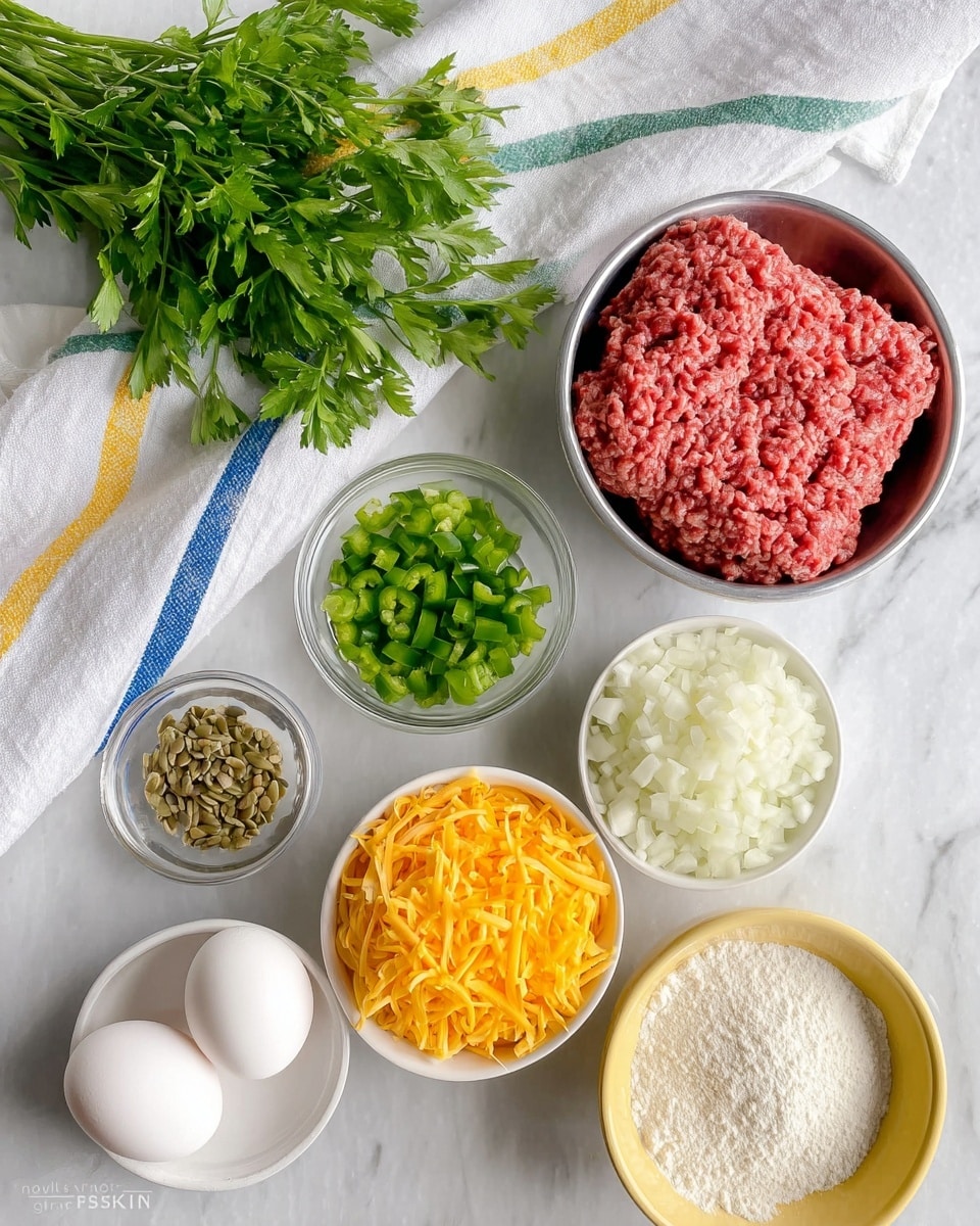 The image shows six different ingredients arranged neatly on a white marbled surface. There is a white bowl filled with finely chopped white onions, a clear small bowl holding chopped green peppers with seeds, a metal pan containing raw ground meat with a textured red appearance, a white bowl filled with yellow shredded cheese, a white bowl with white flour, and a yellow bowl holding two whole white eggs. In the top left corner, there is a bunch of fresh green parsley and a white cloth with blue, yellow, green, and red stripes flowing diagonally. The photo is taken with an iphone --ar 4:5 --v 7