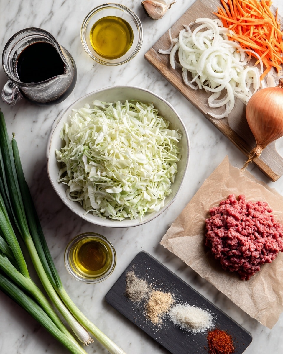 A white bowl filled with light green coleslaw mix sits on a white marbled surface. To the top right, a wooden cutting board holds chopped white onion and thin orange carrot strips, with a whole onion and a whole carrot beside them. Below the cutting board, two long green onions lie stretched on the marbled surface. Near the center, raw ground beef rests on a piece of light brown parchment paper. To the bottom left, a small clear glass container holds light yellow vegetable oil. Next to it, a small dark container has sesame oil. Slightly below, a glass pitcher with dark soy sauce is placed. A metal spoon near the pitcher carries minced garlic. To the right on a small black slate, three piles of powdered spices are arranged: onion powder, garlic powder, and ground ginger, along with a spoonful of red pepper flakes photo taken with an iphone --ar 4:5 --v 7