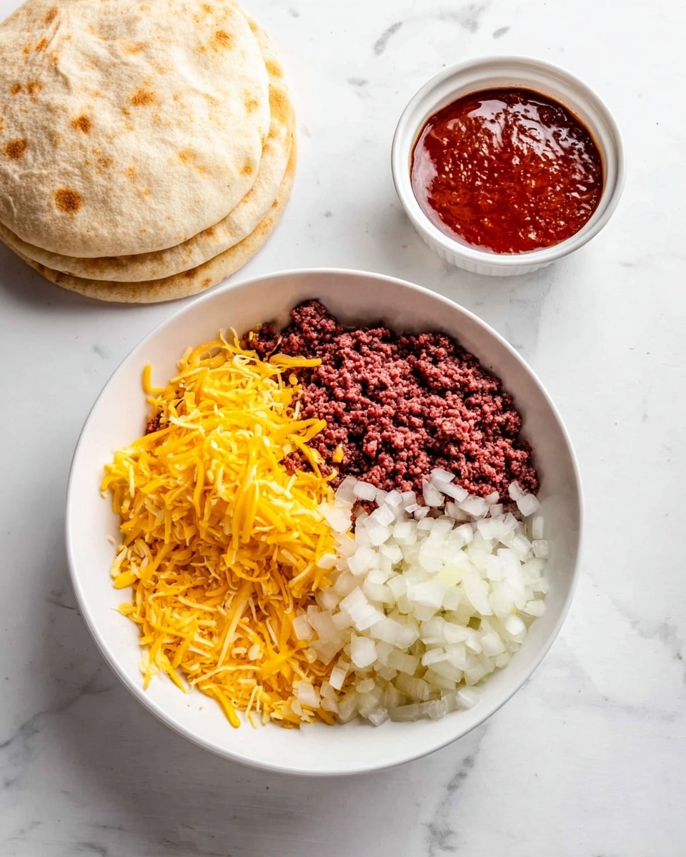 A white bowl sits on a white marbled surface filled with three layers: shredded yellow cheddar cheese spread on the left and bottom sides, finely chopped white onions piled on the right side, and raw ground beef in dark red placed behind the cheese and onion. To the upper left of the bowl, there are two stacked light brown pita breads, and to the upper right, a small white ramekin filled with thick red sauce. photo taken with an iphone --ar 4:5 --v 7