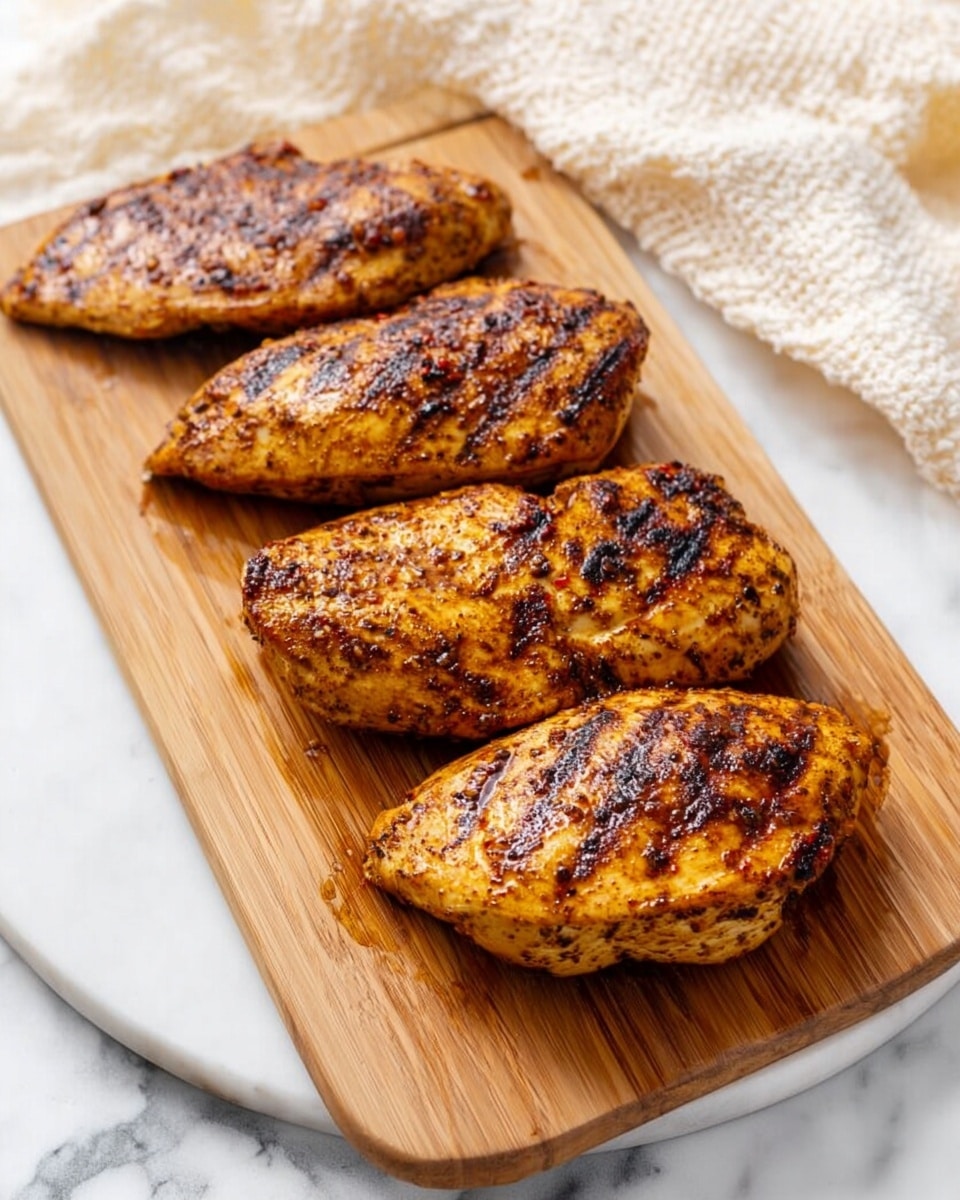 Four pieces of golden brown grilled chicken are placed side by side on a wooden cutting board, each with visible grill marks and a slightly glossy surface showing a light glaze. The chicken pieces are thick and have a textured, seasoned crust with spots of darker char. The cutting board rests on a round white marble surface, and in the background, there is a cream-colored textured cloth. photo taken with an iphone --ar 4:5 --v 7